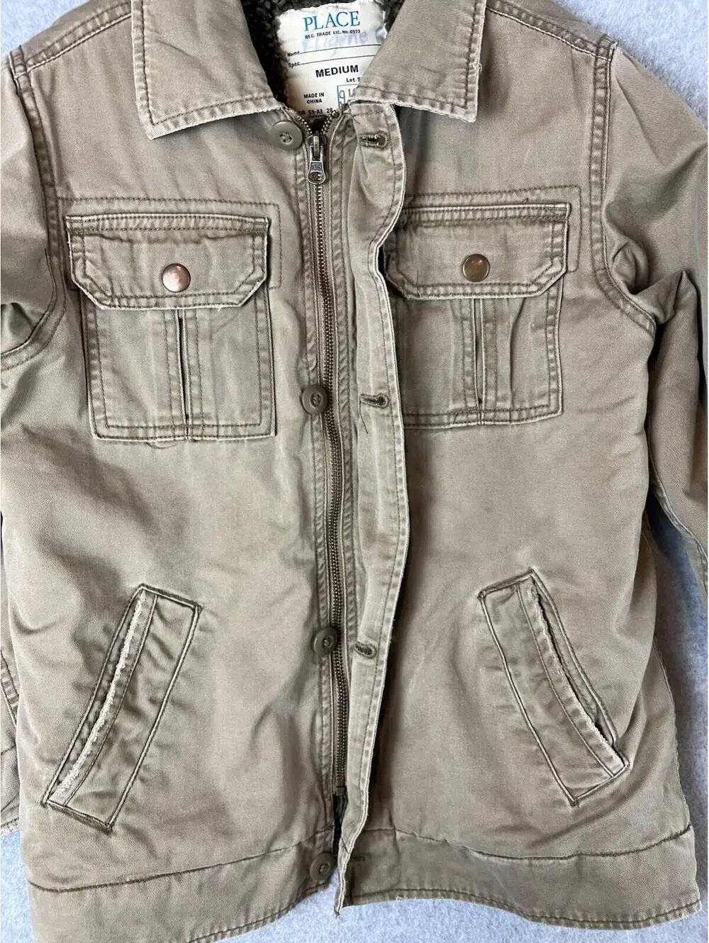Children's Place utility Jacket Boys Size M Khakis Fur Buttoned Winter Warm